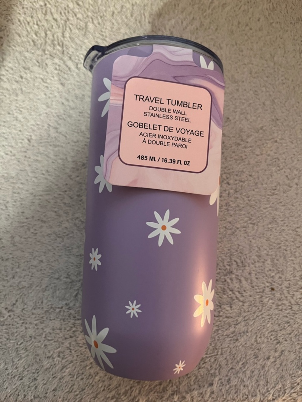 Purple Floral Travel Tumbler - Double Wall Stainless Steel; 485 ml